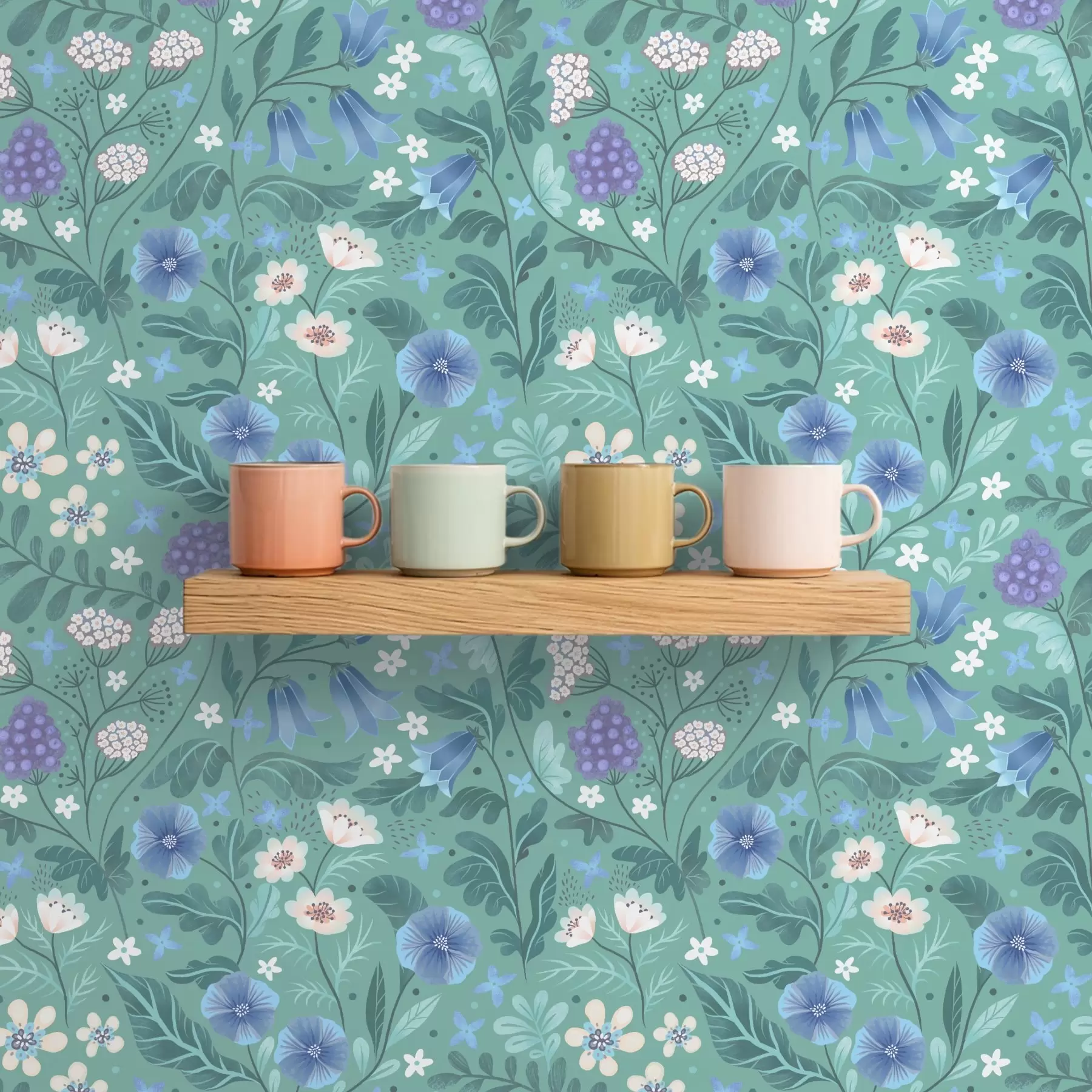 murales de pared Flores silvestres y bayas sobre un suave fondo menta a00849