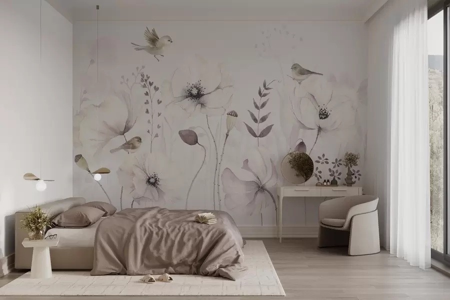 murales de pared Amapolas acuareladas con pequeños pájaros en suave color malva w04861