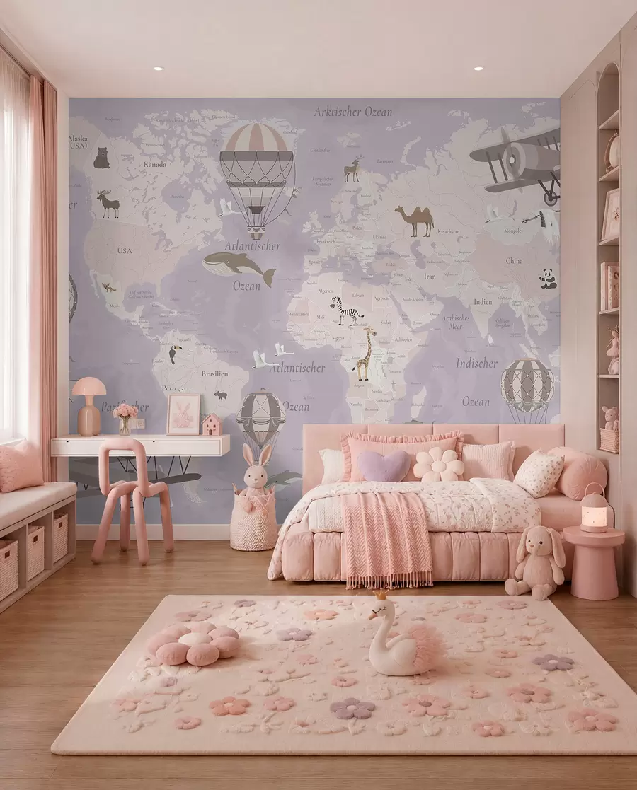 murales de pared Mapa del mundo para niños con animales, aviones y globos aerostáticos. En alemán. Color morado. c00003dev4