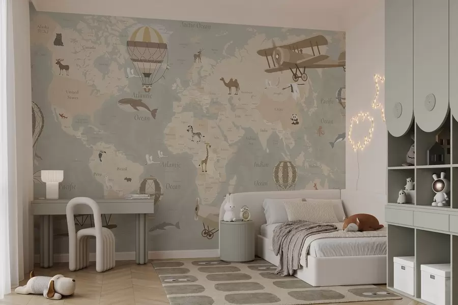 murales de pared Mapa mundial infantil con animales, aviones y globos aerostáticos. En inglés. Color beige. c00003en