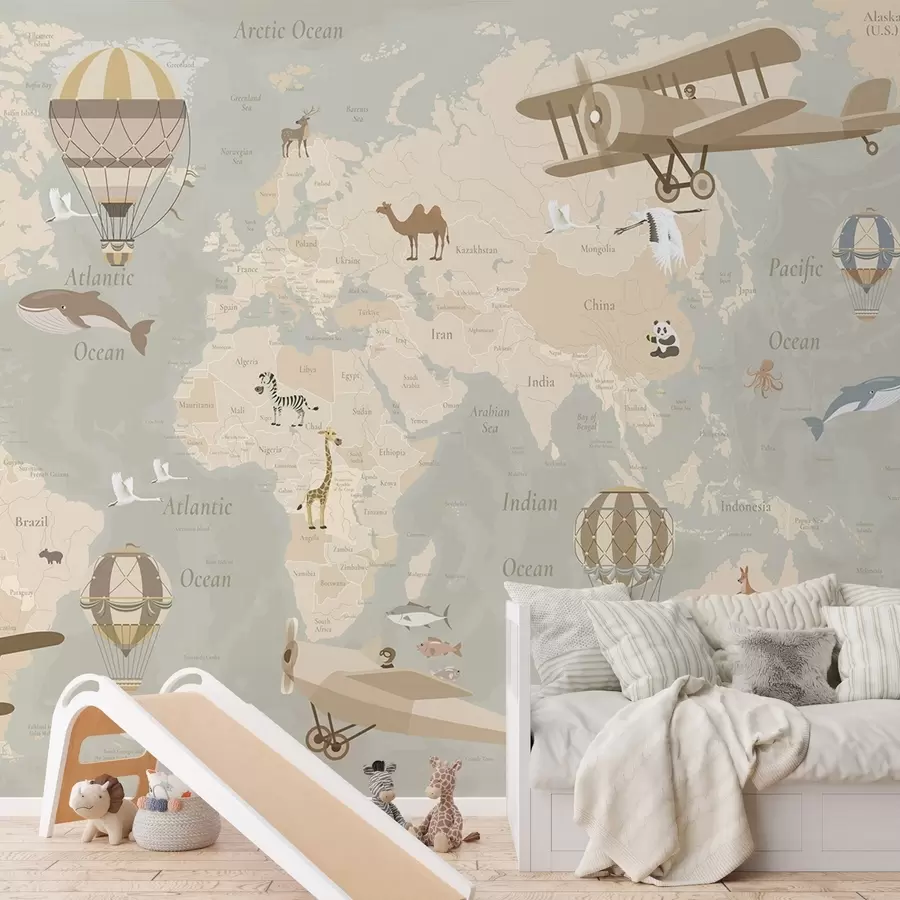 murales de pared Mapa del mundo para niños con animales, aviones y globos aerostáticos. En inglés. Color beige. c00003en