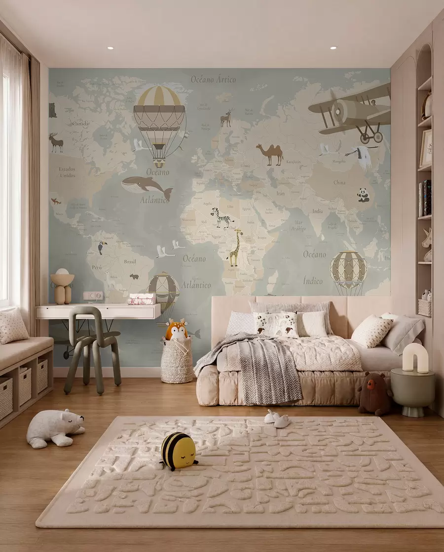 murales de pared Mapa del mundo para niños con animales, aviones y globos aerostáticos. En español. Color beige. c00003es