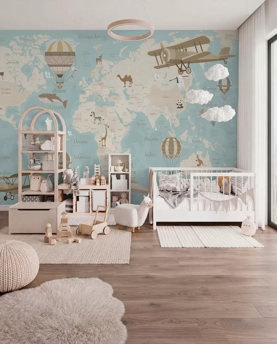 murales de pared Mapa del mundo para niños con animales, aviones y globos aerostáticos. En español. Color azul. c00003esv1