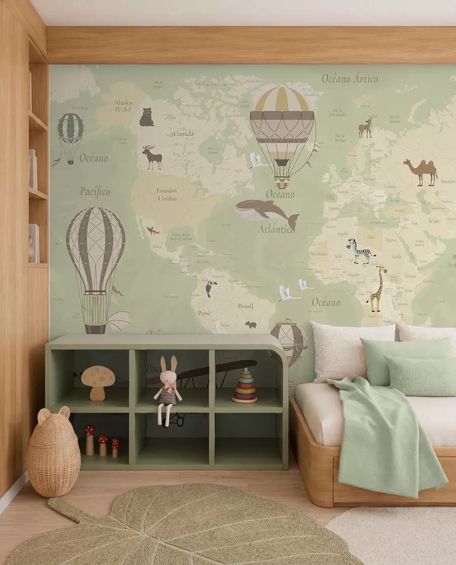 murales de pared Mapa del mundo para niños con animales, aviones y globos aerostáticos. En español. Color verde. c00003esv2