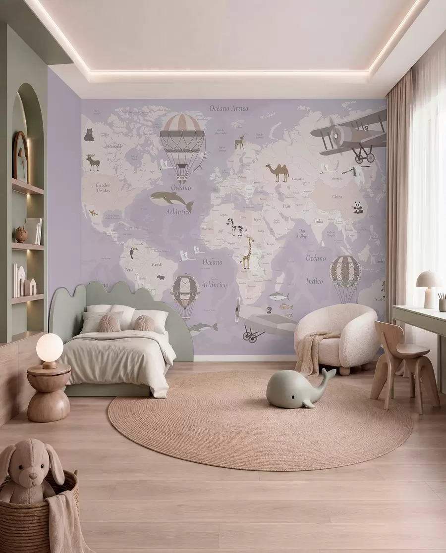 murales de pared Mapa del mundo para niños con animales, aviones y globos aerostáticos. En español. Color morado. c00003esv4
