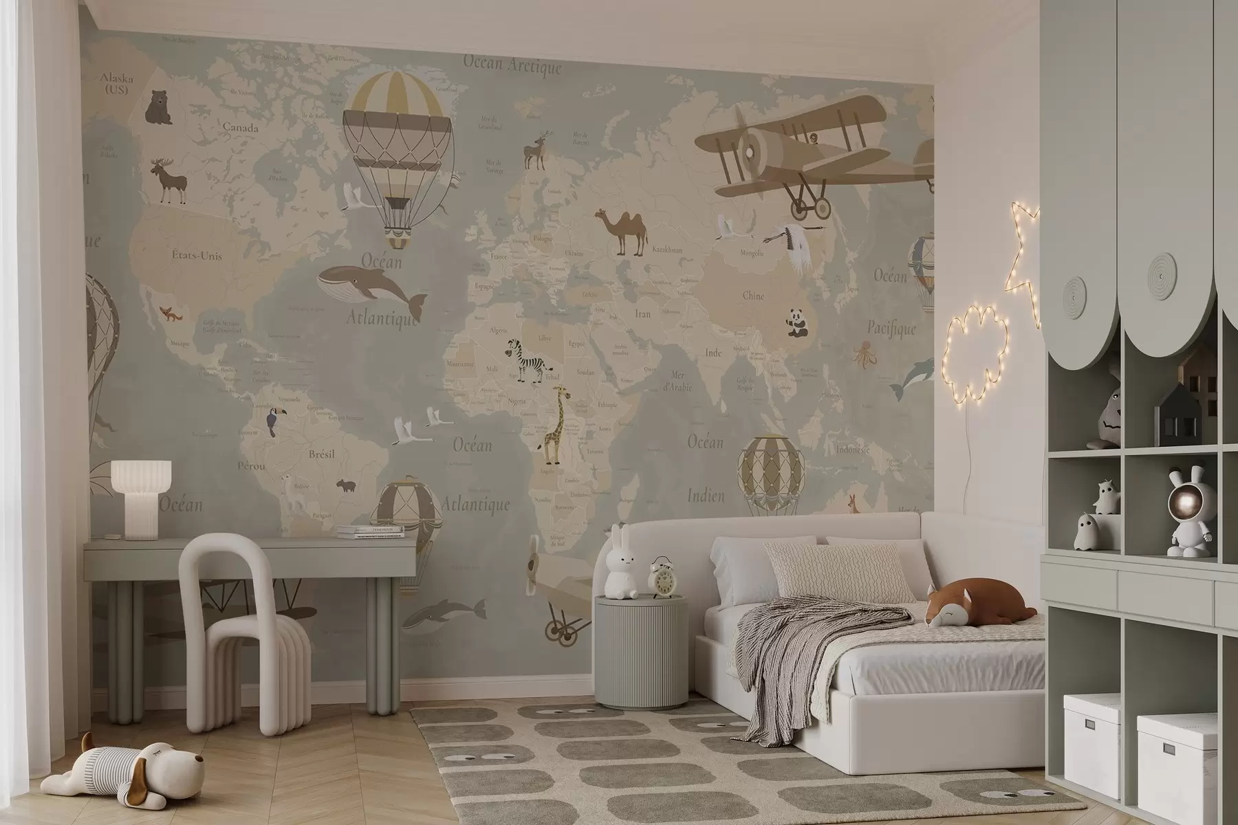 murales de pared Mapa del mundo para niños con animales, aviones y globos aerostáticos. En francés. Color beige. c00003fr