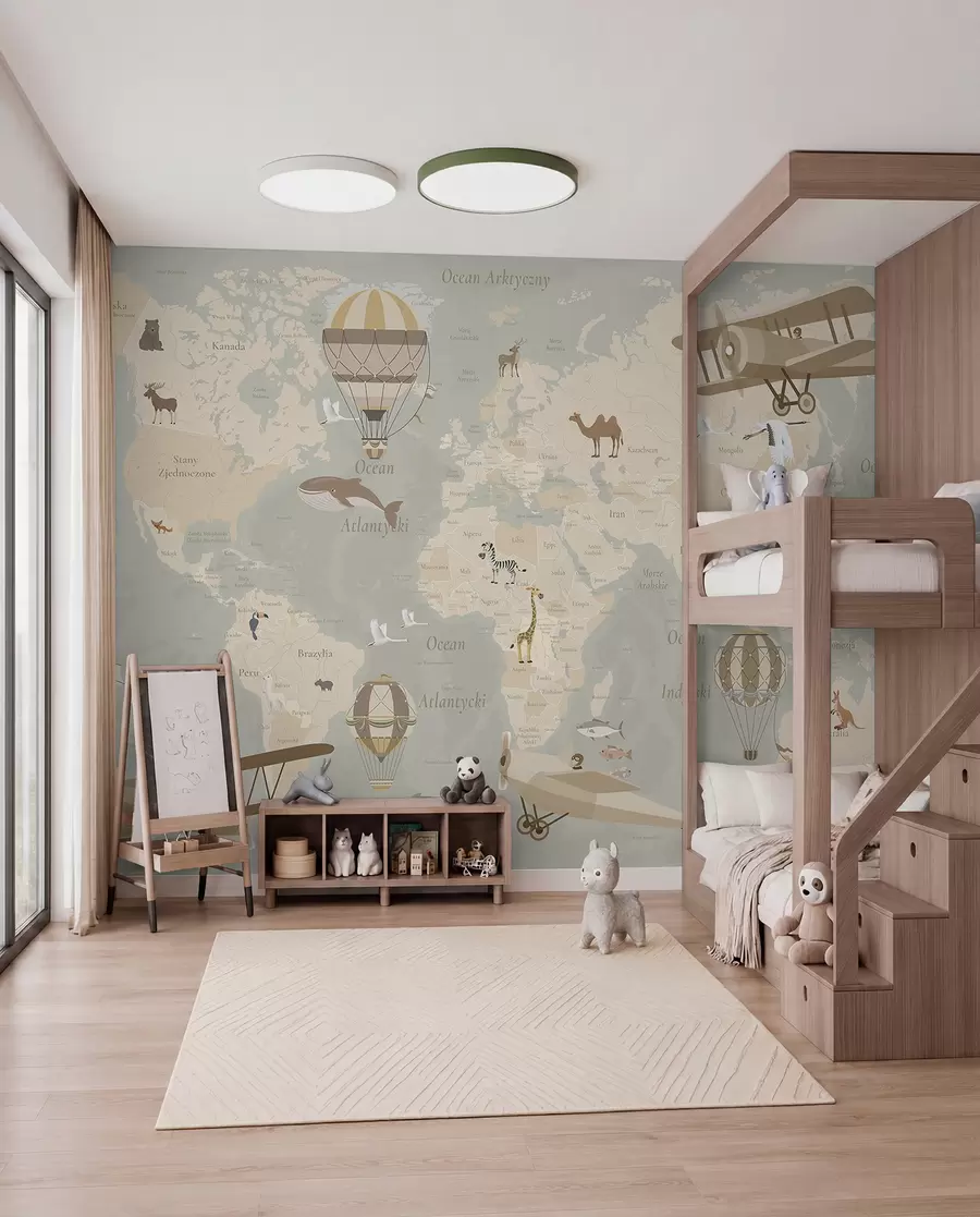 murales de pared Mapa del mundo para niños con animales, aviones y globos aerostáticos. Idioma polaco. Color beige. c00003pl