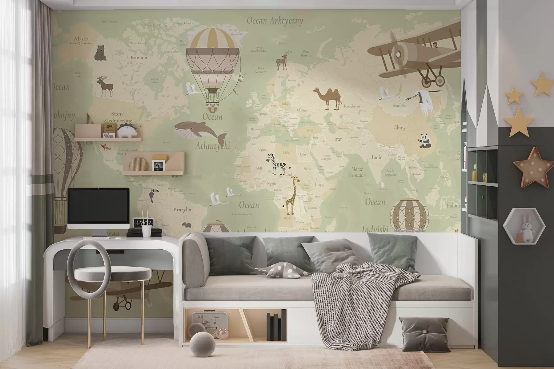 murales de pared Mapa del mundo para niños con animales, aviones y globos aerostáticos. Idioma polaco. Color verde. c00003plv2