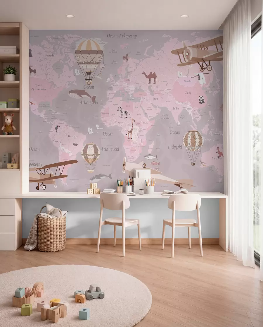 murales de pared Mapa del mundo para niños con animales, aviones y globos aerostáticos. Idioma polaco. Color rosa. c00003plv3