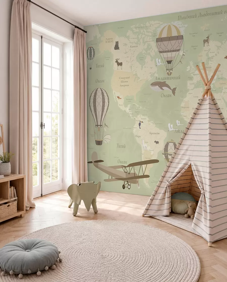 murales de pared Mapa del mundo para niños con animales, aviones y globos aerostáticos. Idioma ucraniano. Color verde. c00003ukv2
