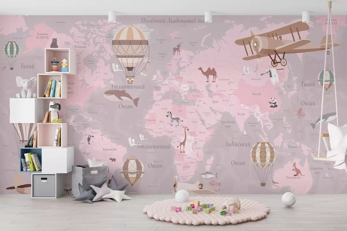 murales de pared Mapa mundial infantil con animales, aviones y globos aerostáticos. Idioma ucraniano. Color rosa. c00003ukv3