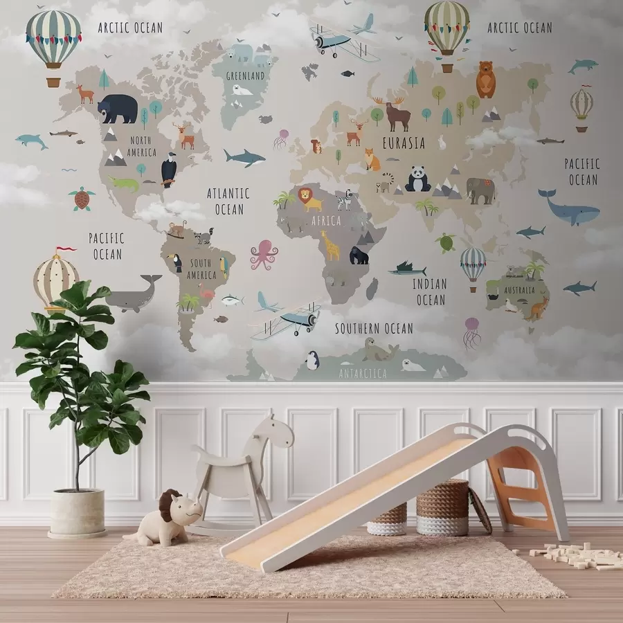 murales de pared Mapa del mundo para niños con animales y globos aerostáticos. En inglés. c00002en