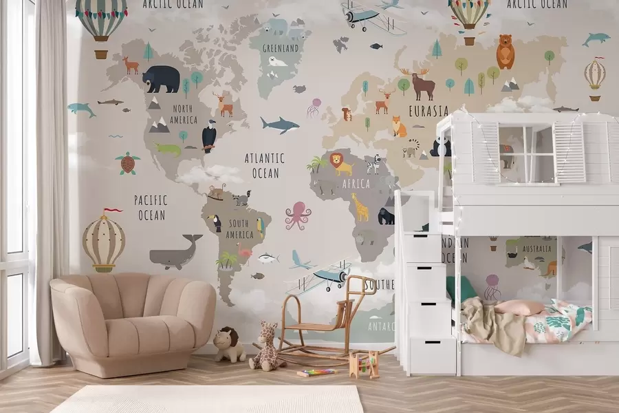 murales de pared Mapa mundial infantil con animales y globos aerostáticos. Idioma inglés. c00002en