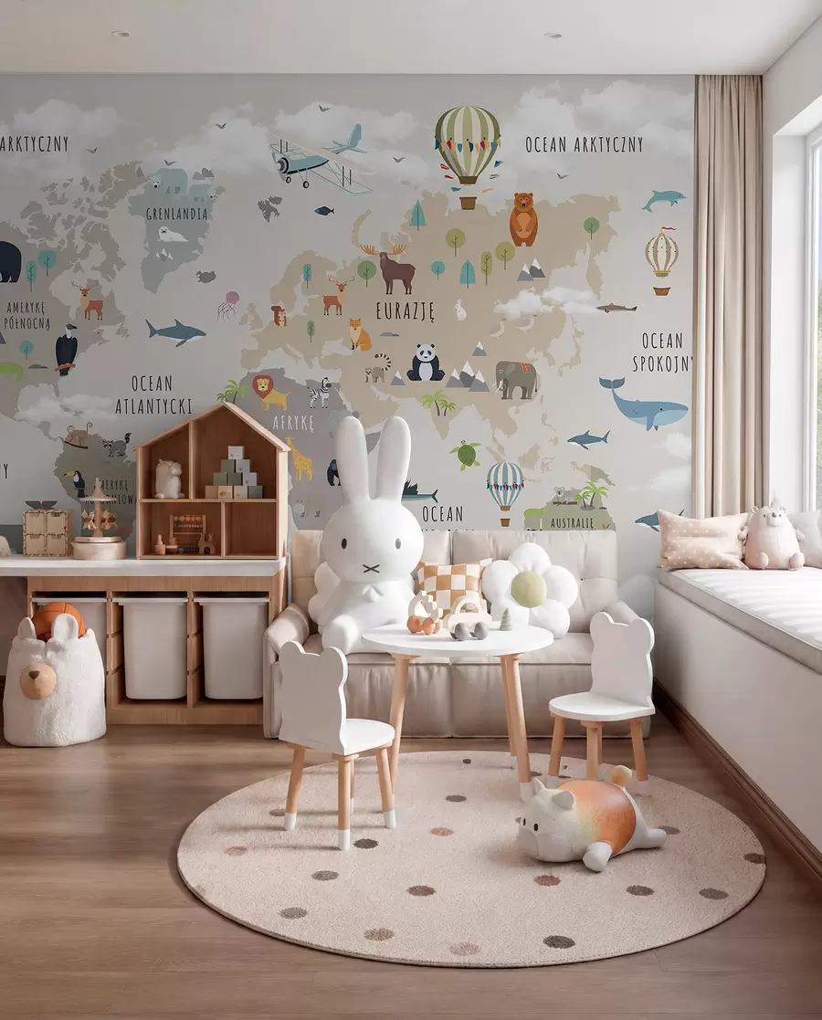 murales de pared Mapa del mundo para niños con animales y globos aerostáticos. Idioma polaco. c00002pl