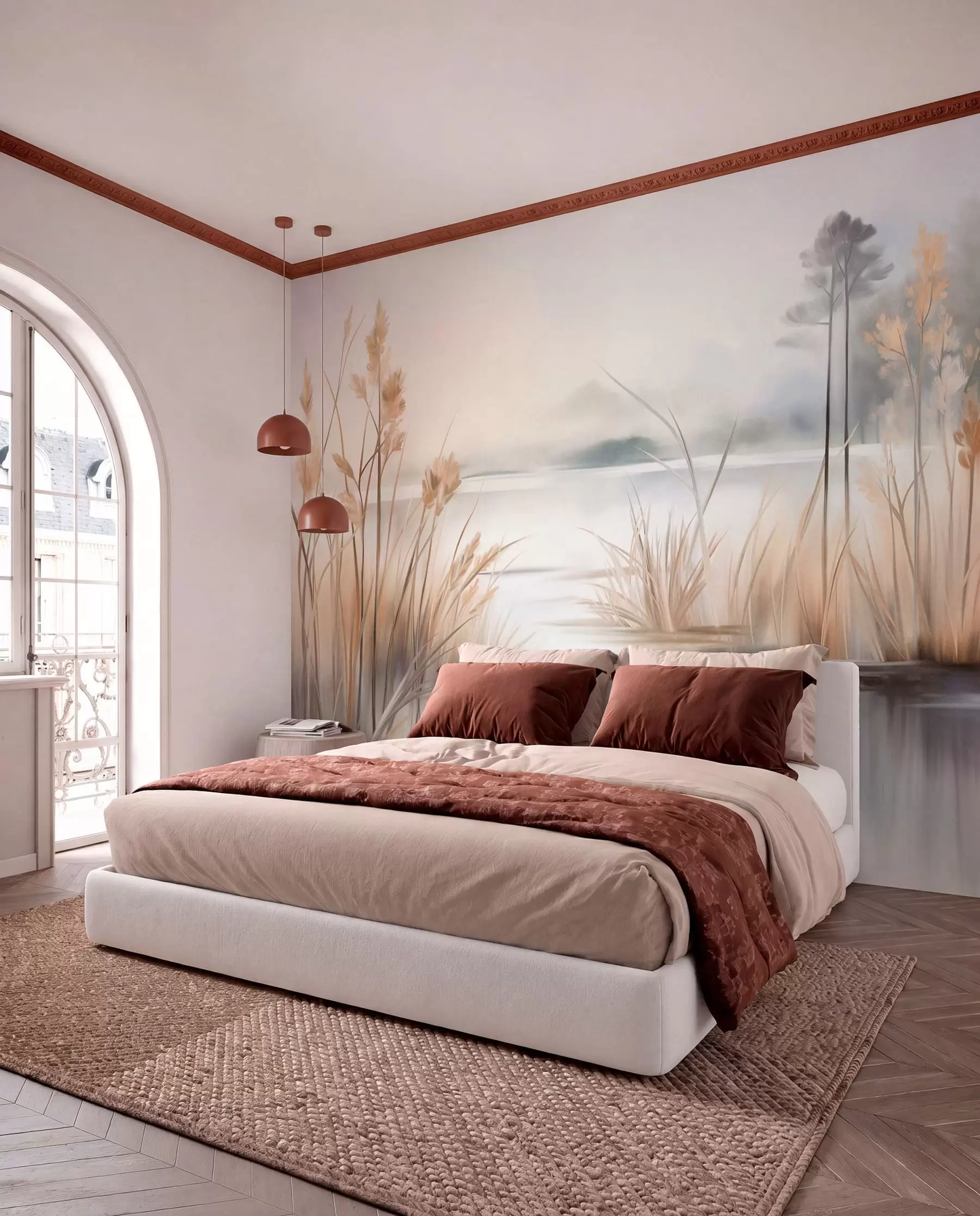 murales de pared Paisaje con un lago y hierba alta en primer plano, montañas al fondo, colores suaves, textura w09534