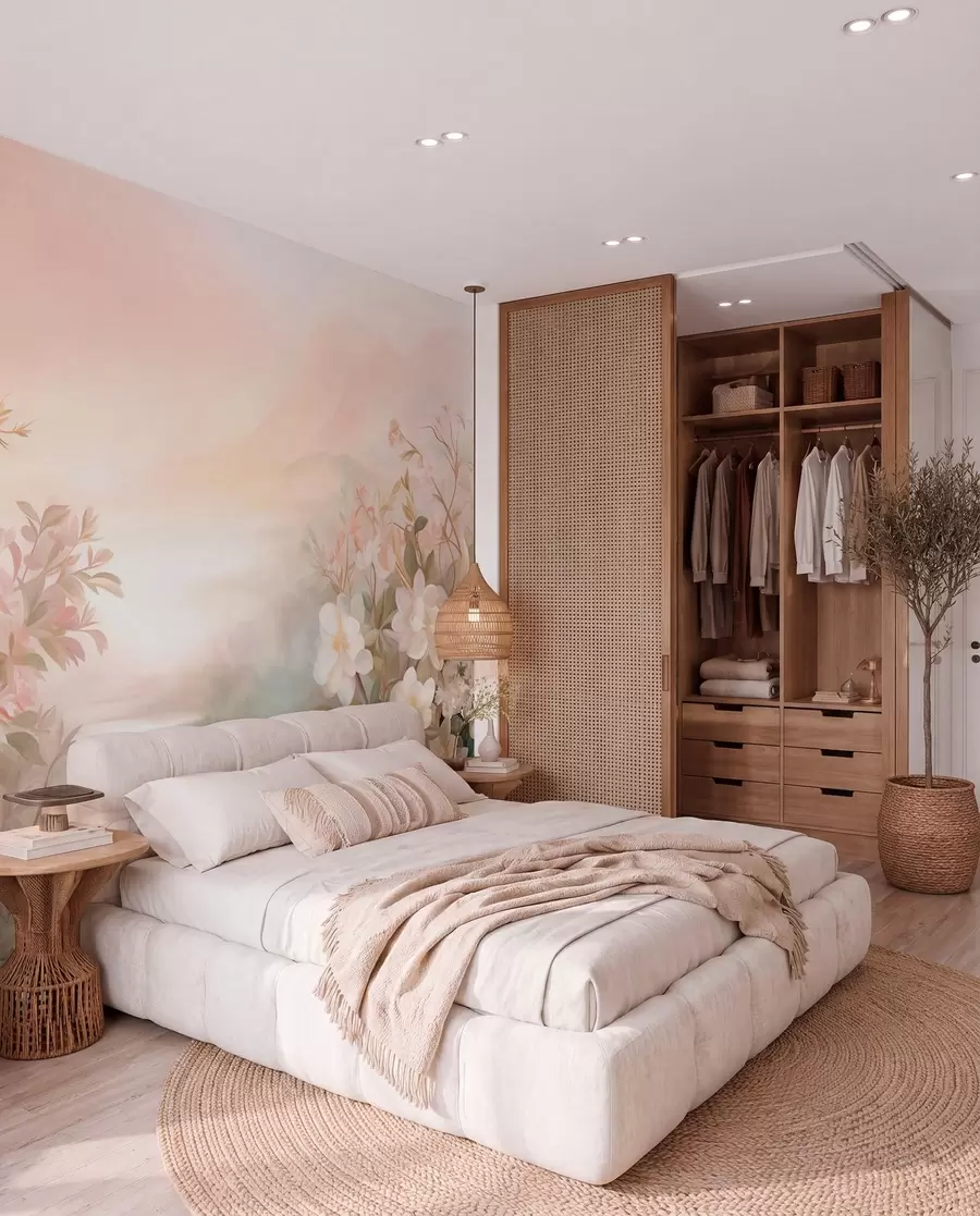 murales de pared Un paisaje con un río rodeado de flores y plantas, colores suaves, cielo rosado, estilo con textura de acuarela w09537