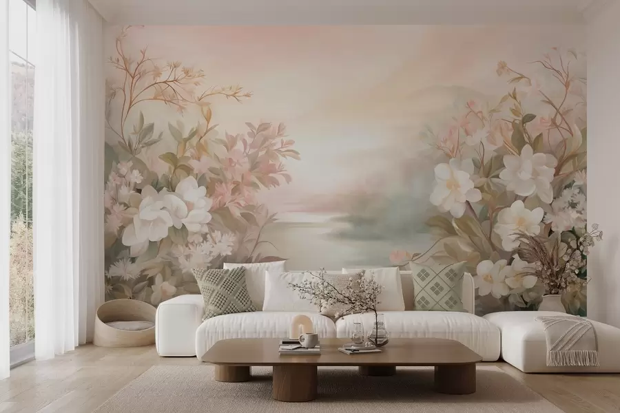 murales de pared Un paisaje con un río rodeado de flores y plantas, colores suaves, cielo rosado, estilo con textura de acuarela. w09537