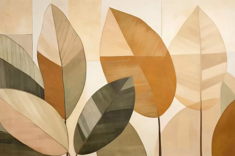 murales de pared Hojas abstractas grandes en tonos naranjas, marrones y verdes, con textura, dispuestas sobre un fondo claro. w09539