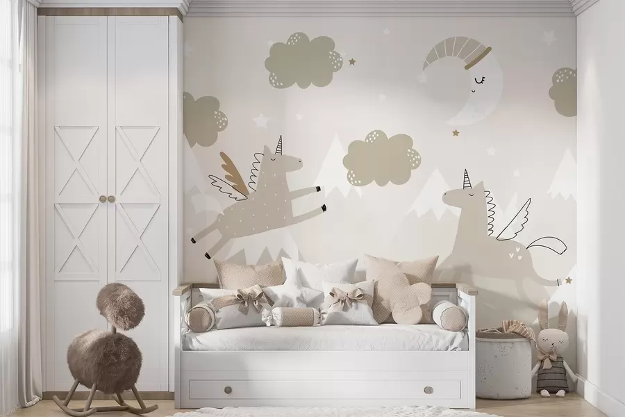 murales de pared Luna dormida, unicornios y globos w04886