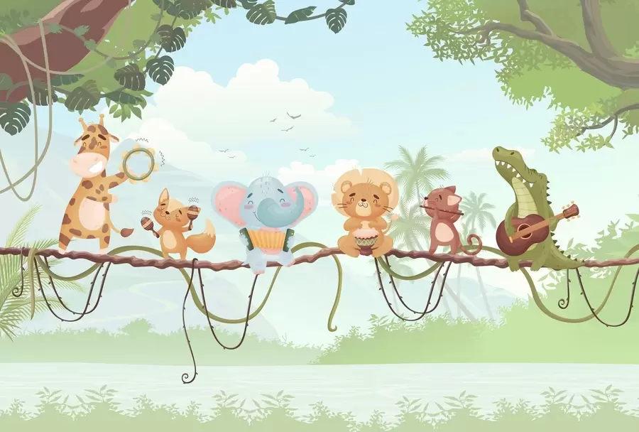 murales de pared Animales con instrumentos musicales frente a un paisaje tropical. w04505