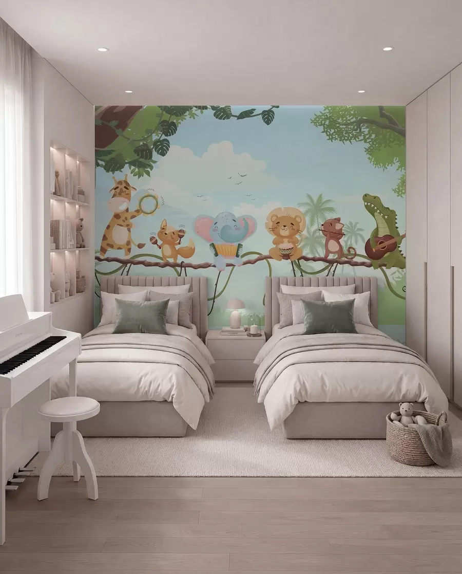 murales de pared Animales con instrumentos musicales frente a un paisaje tropical w04505