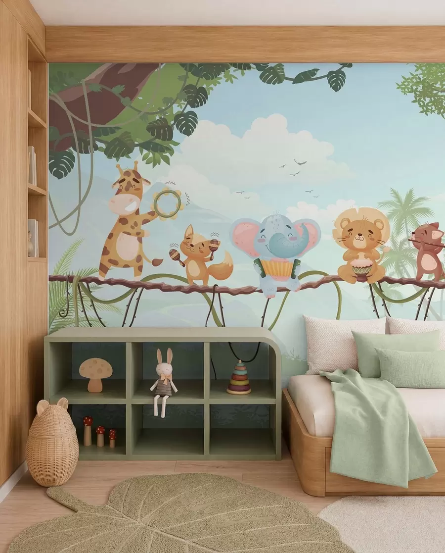 murales de pared Animales con instrumentos musicales frente a un paisaje tropical w04505