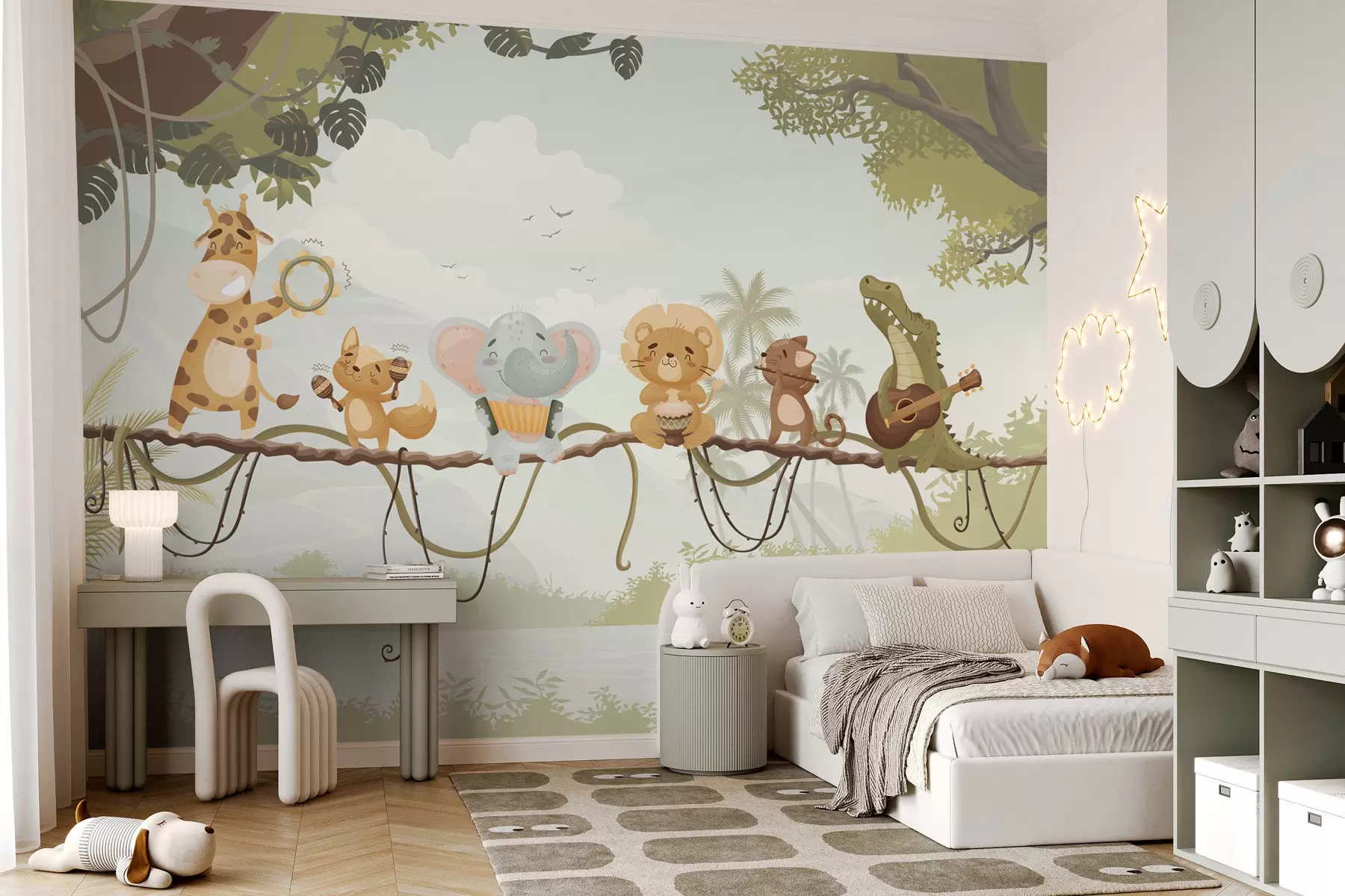 murales de pared Animales con instrumentos musicales frente a un paisaje tropical w04505v1