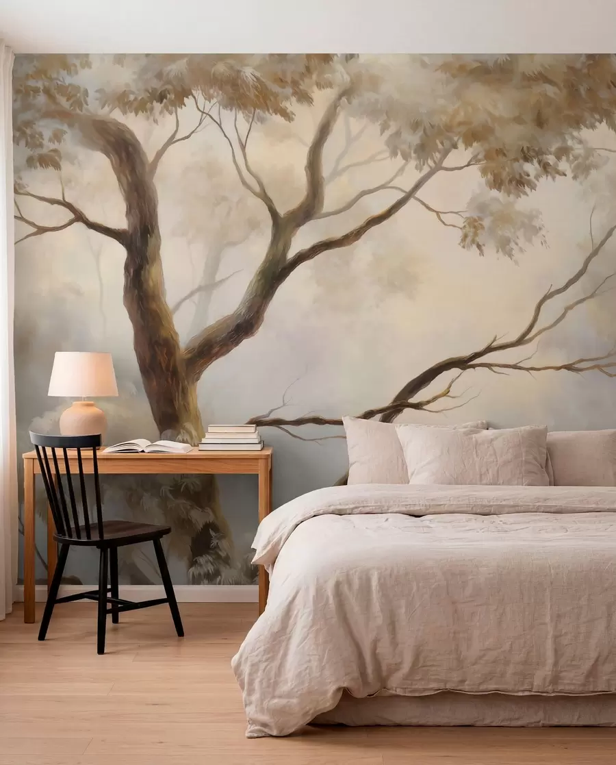 murales de pared El bosque envuelto en la ligera niebla matinal. Una delicada pintura atmosférica al estilo de un paisaje artístico w04817