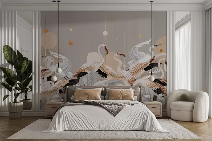 murales de pared Una bandada de flamencos blancos con delicadas alas, sobre un fondo neutro con líneas y círculos amarillos w09546v1