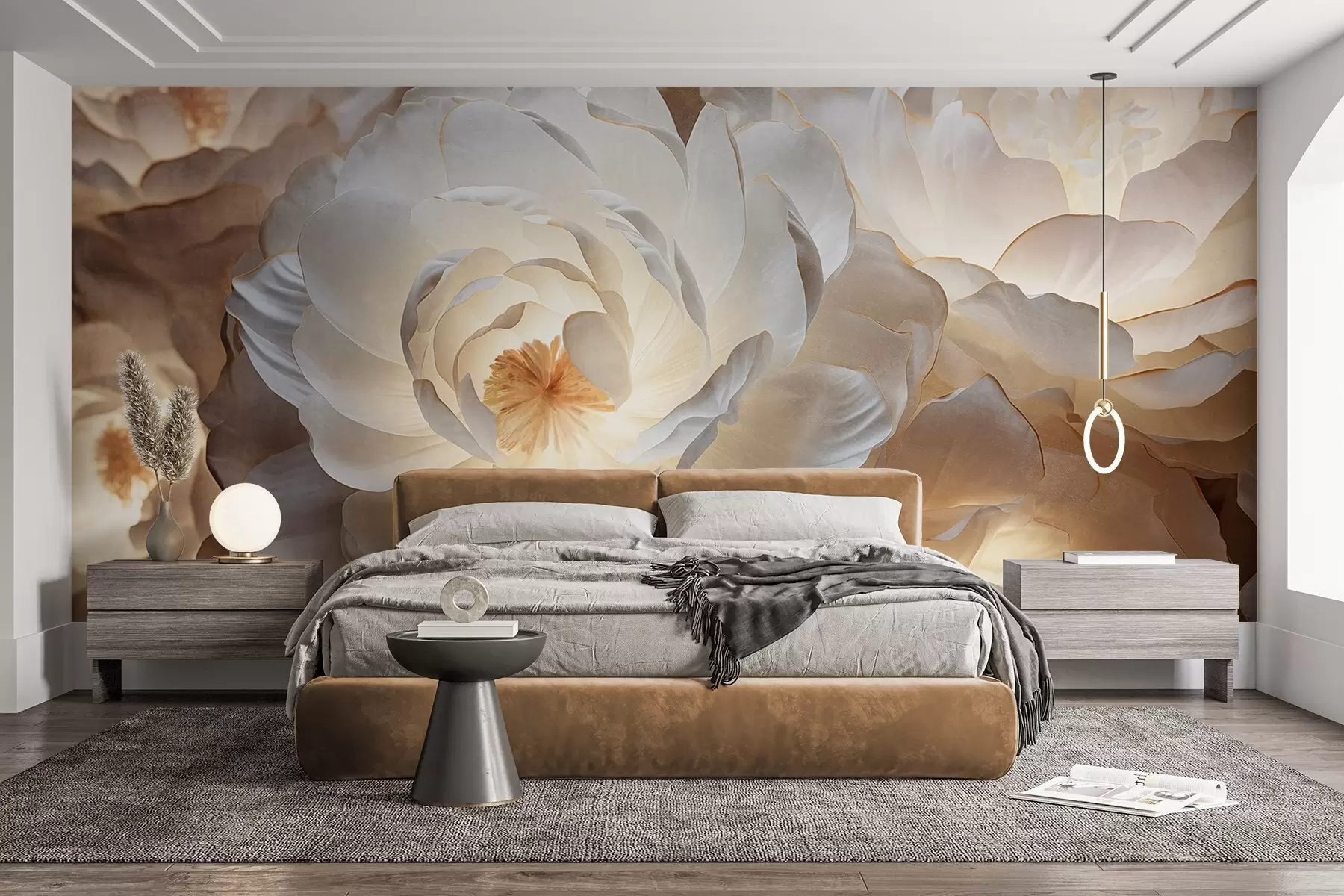 murales de pared Grandes flores de peonía blancas con centros amarillos, iluminación suave y pétalos delicados con textura en capas. w09550