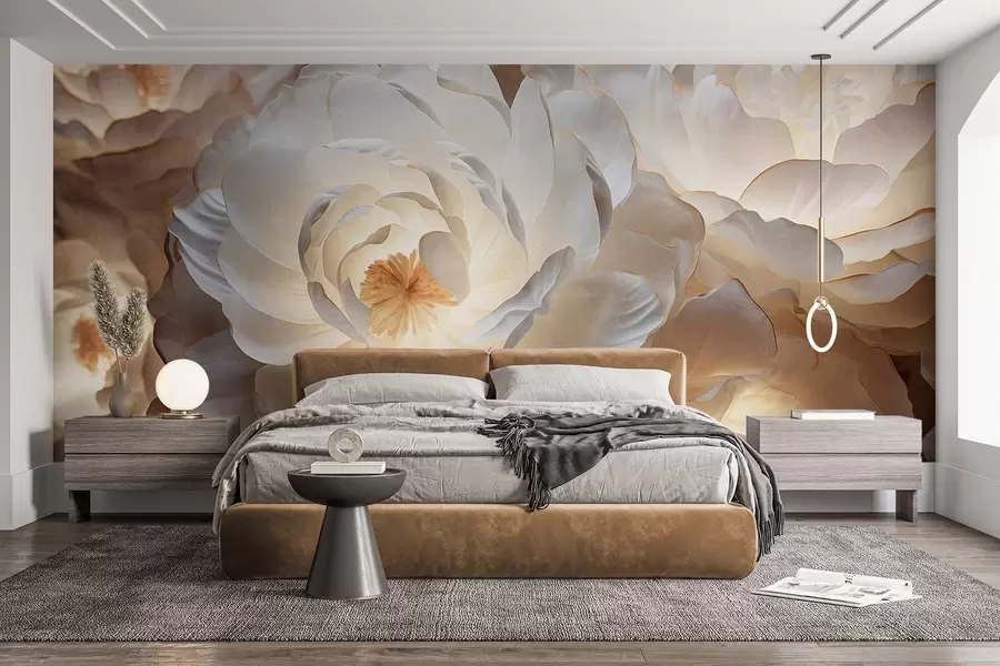 murales de pared Grandes flores de peonía blancas con centros amarillos, iluminación suave y pétalos delicados con textura en capas. w09550