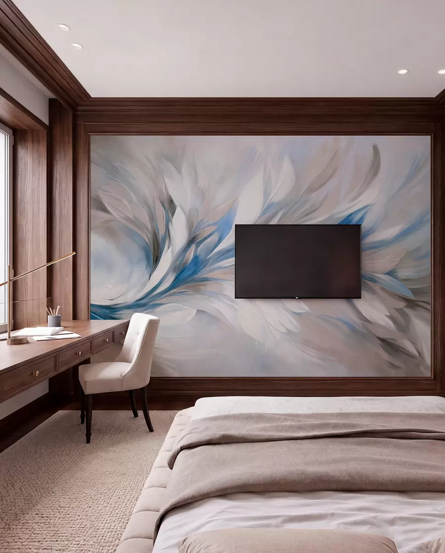 murales de pared Estilo de pintura abstracta con pinceladas texturizadas en blanco, azul y gris sobre un fondo suave y claro w09552v1