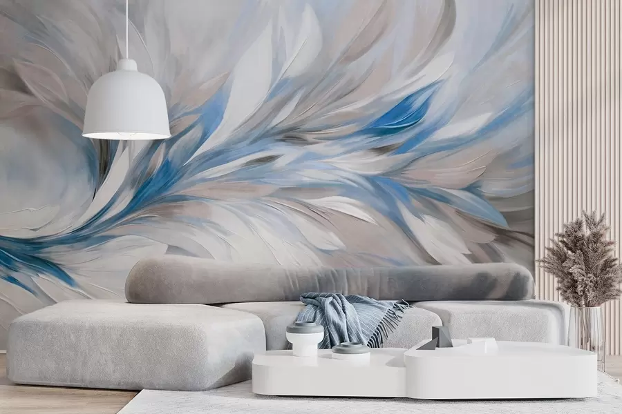 murales de pared Estilo de pintura abstracta con pinceladas texturizadas en blanco, azul y gris sobre un fondo suave y claro w09552v1