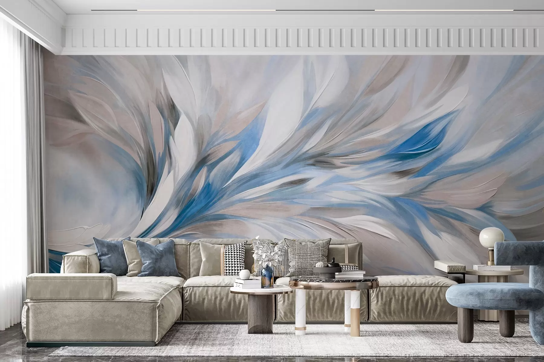 murales de pared Estilo de pintura abstracta con pinceladas texturizadas en blanco, azul y gris sobre un fondo suave y claro w09552v1