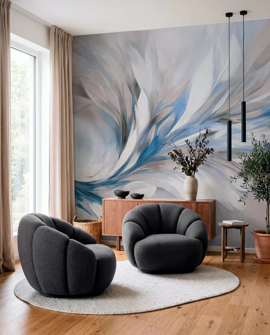 murales de pared Estilo de pintura abstracta con pinceladas texturizadas en blanco, azul y gris sobre un fondo suave y claro w09552v1