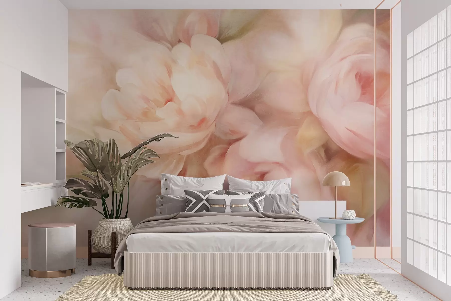 murales de pared Peonías difuminadas en rosa pálido y crema con suaves pinceladas pictóricas, creando un arreglo floral con textura. w09556