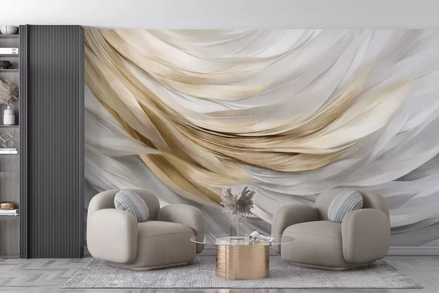 murales de pared Plumas abstractas con textura en blanco, gris y amarillo, creando un patrón fluido y en capas sobre un fondo claro w09557
