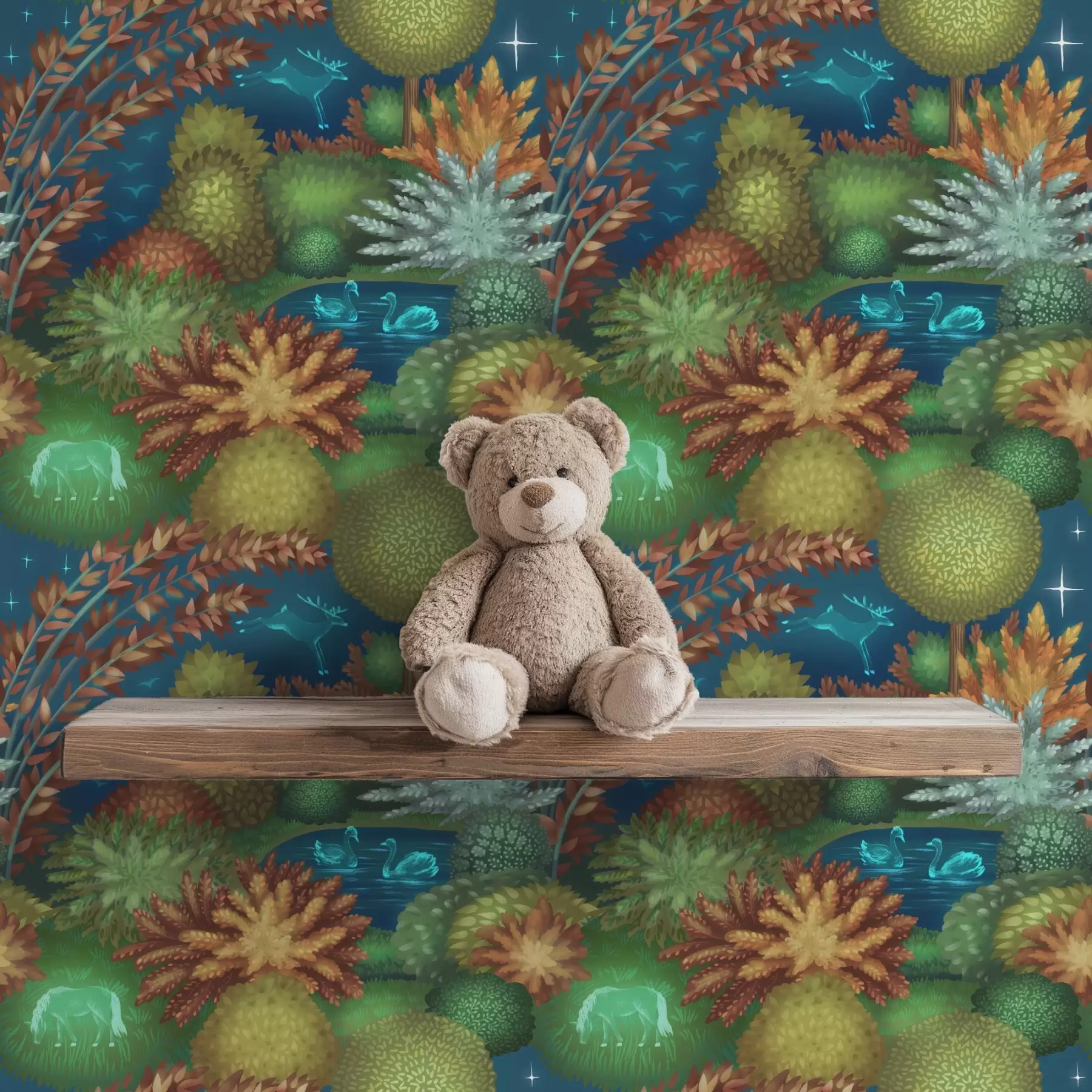 murales de pared Jardín nocturno de cuento de hadas con un lago y animales luminosos a00851