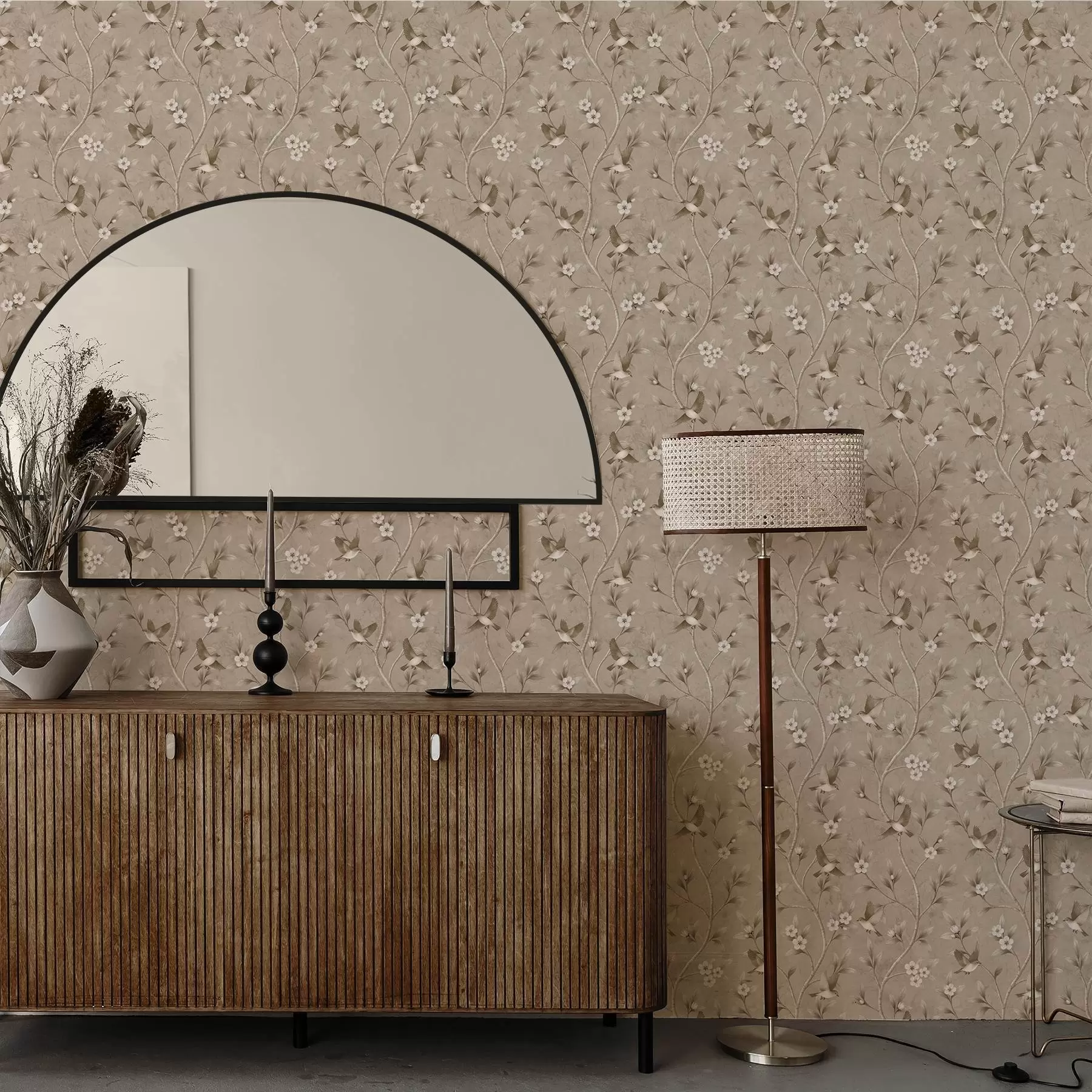 murales de pared Pájaros y ramas en flor en cálidos tonos sepia a00882