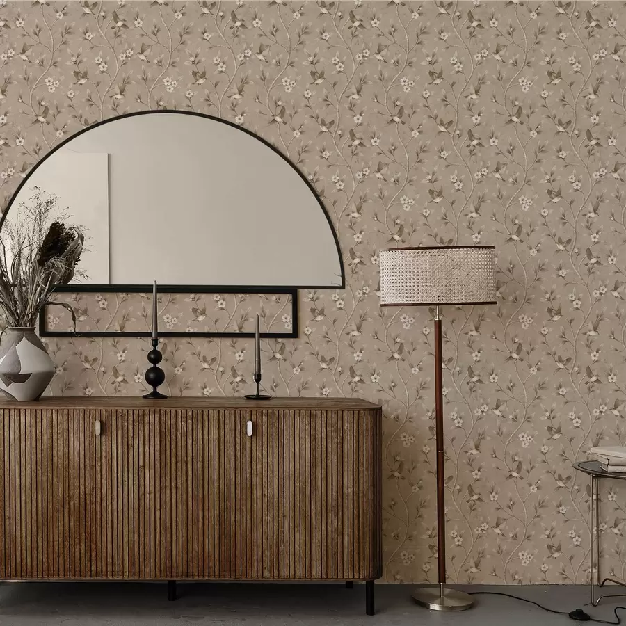 murales de pared Pájaros y ramas en flor en cálidos tonos sepia. a00882