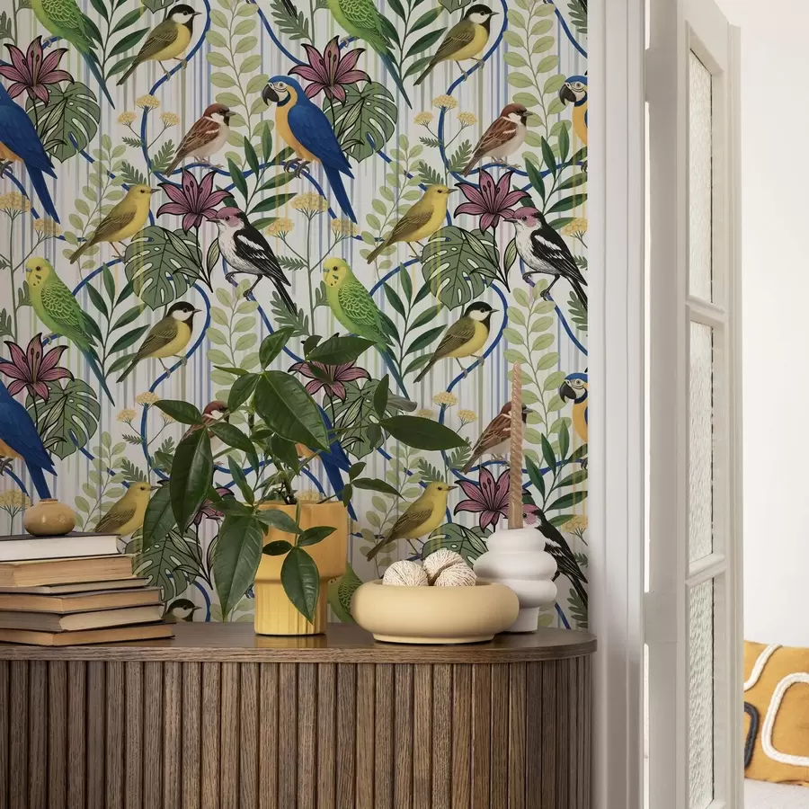 murales de pared Alegres aves exóticas entre la vegetación tropical a00887