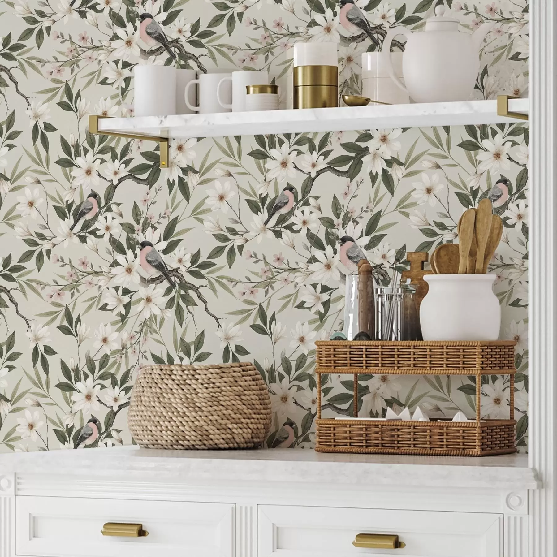 murales de pared Pintassilgos con el pecho blanco posados en ramas con flores color crema. a00889