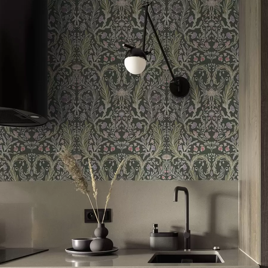 murales de pared Adorno floral simétrico sobre fondo verde oscuro. a00928