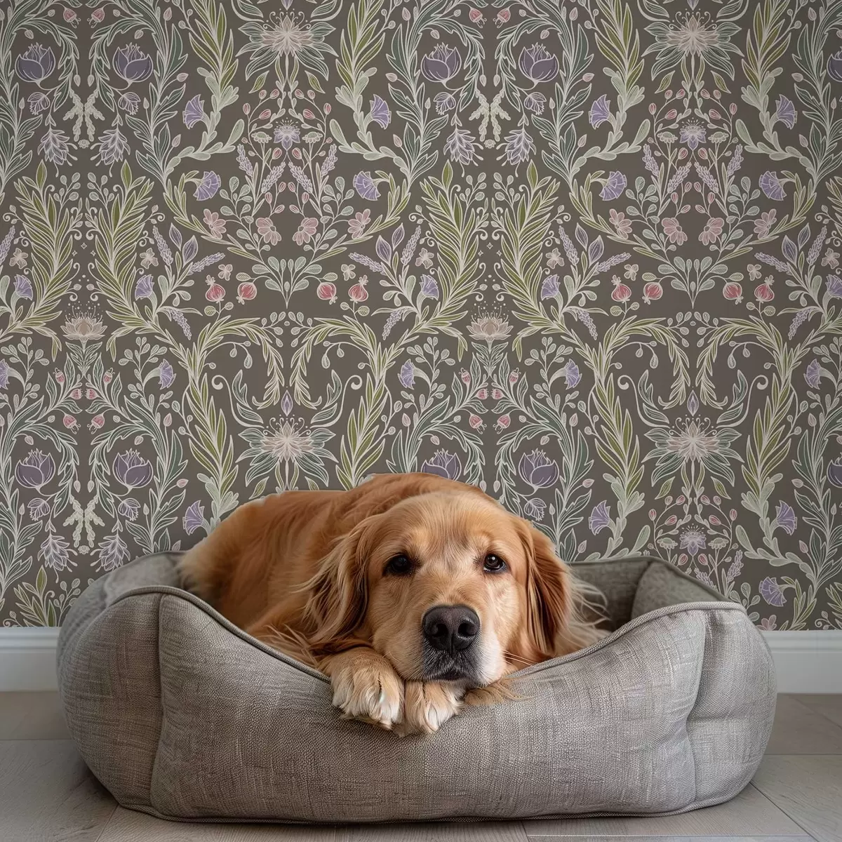 Papel pintado Flores y hojas simétricas sobre un fondo gris marrón. a00928v2