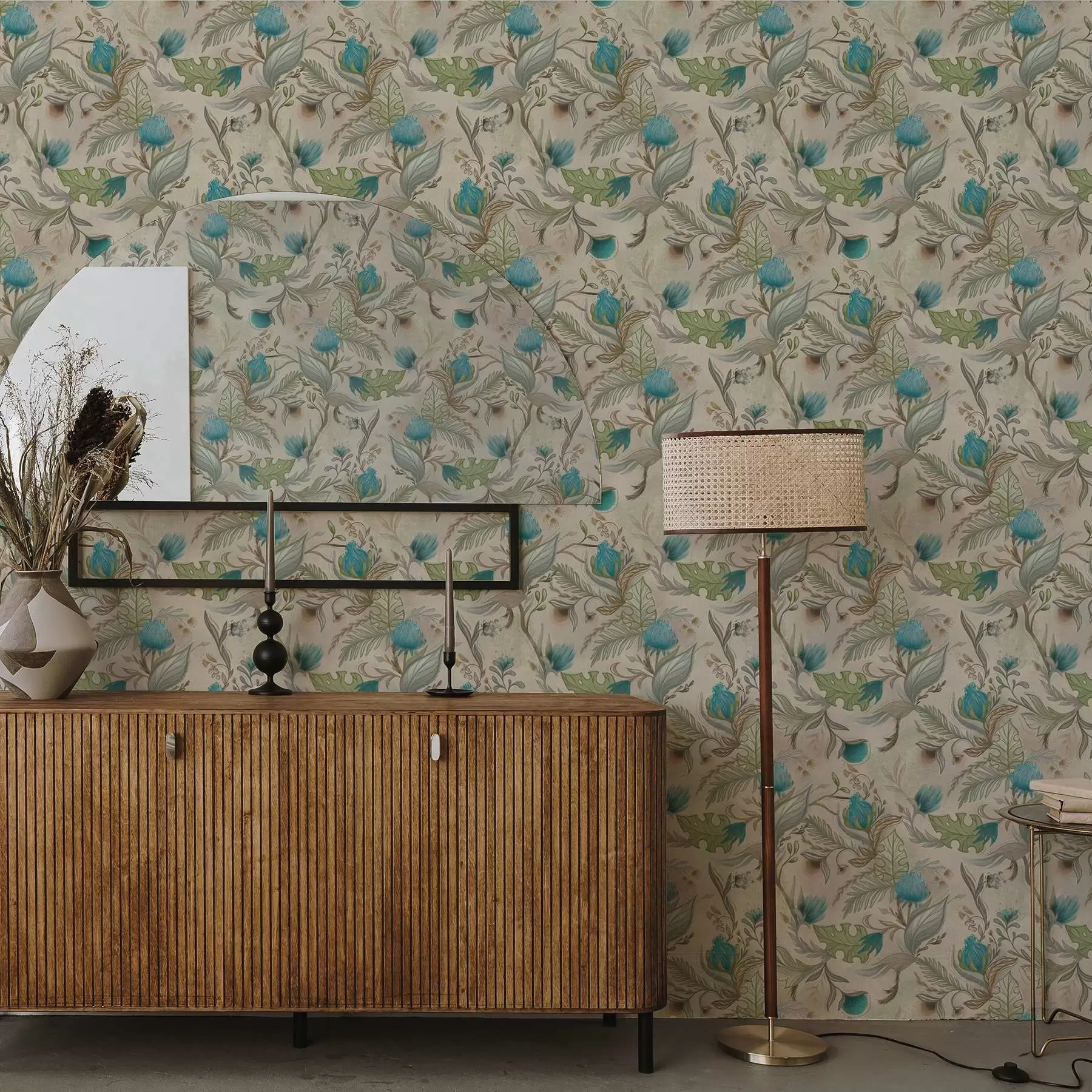 murales de pared Capullos y hojas azules sobre un fondo beige claro a00930