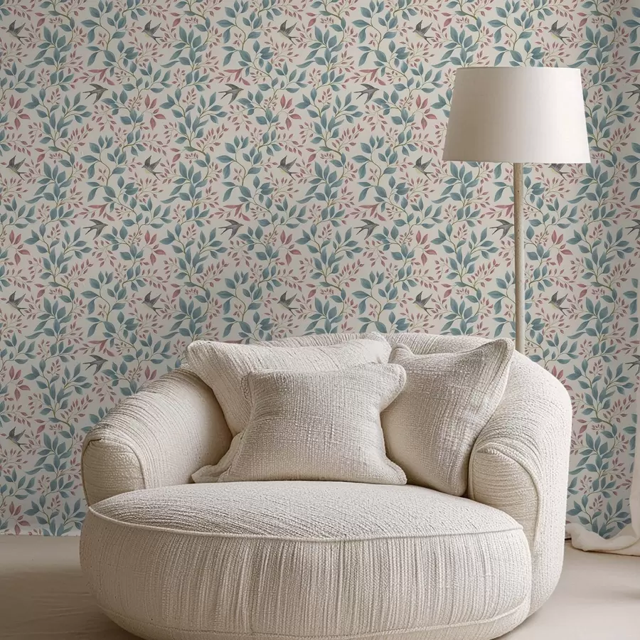 murales de pared Ramitas azules y rosas con pájaros sobre fondo crema. a00933