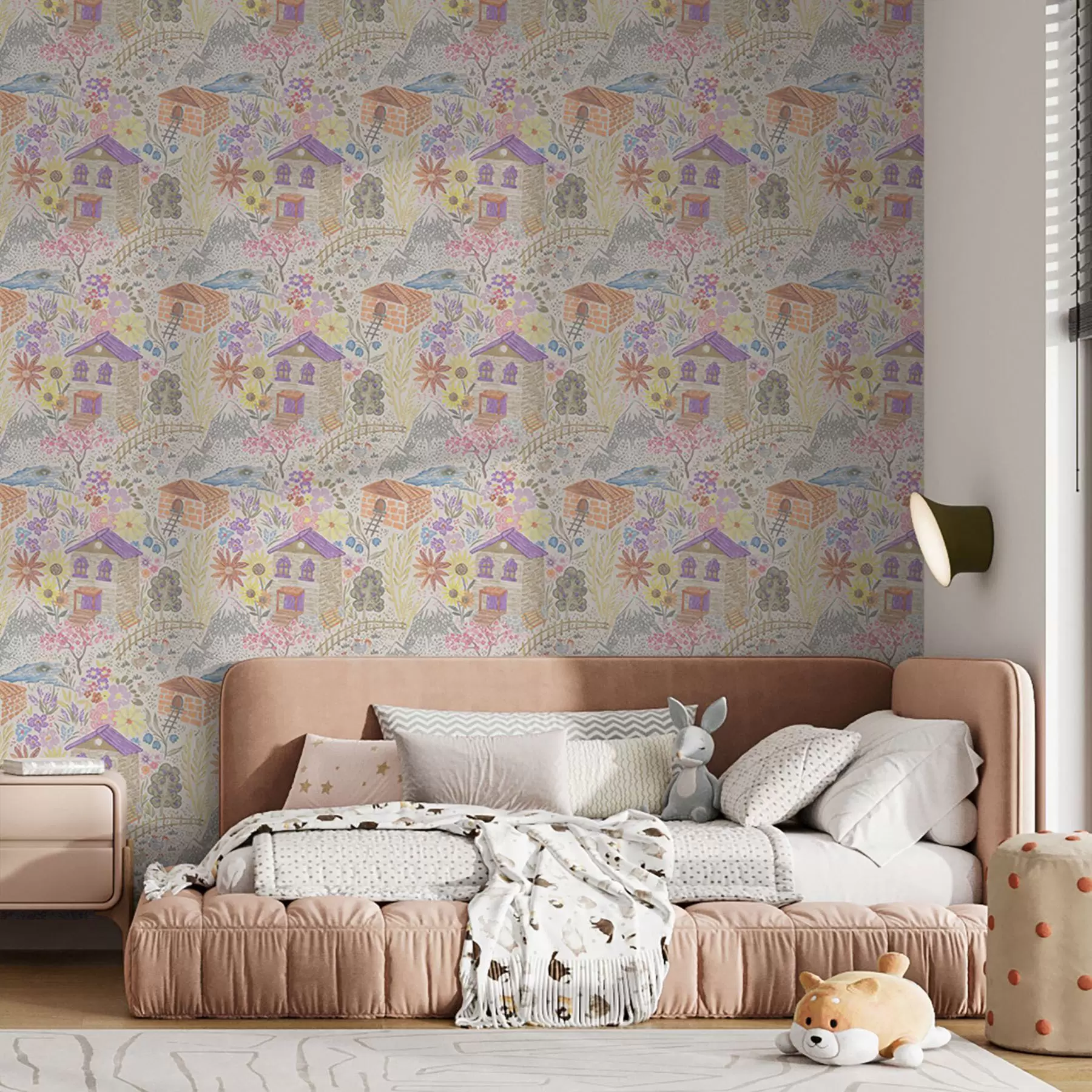 murales de pared Dibujo infantil de un pueblo con una casa, montañas y flores a00952