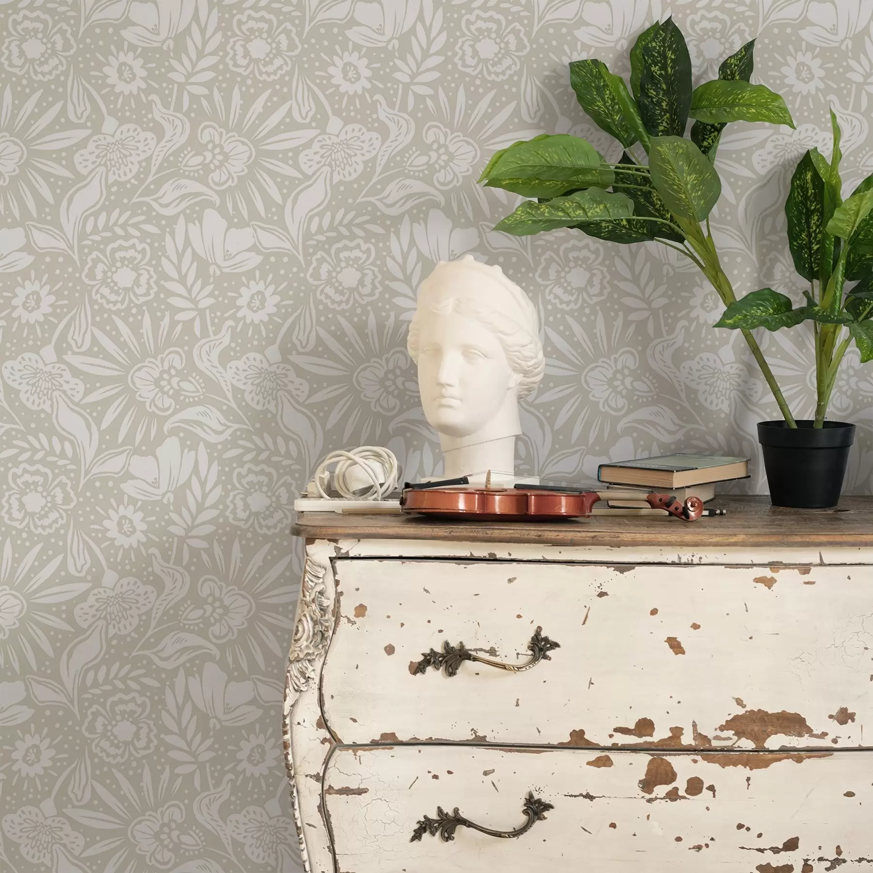 murales de pared Adorno floral lineal blanco sobre fondo beige. a00956