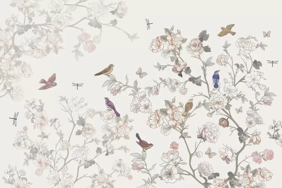 murales de pared Pájaros cerca de ramas con flores w04939