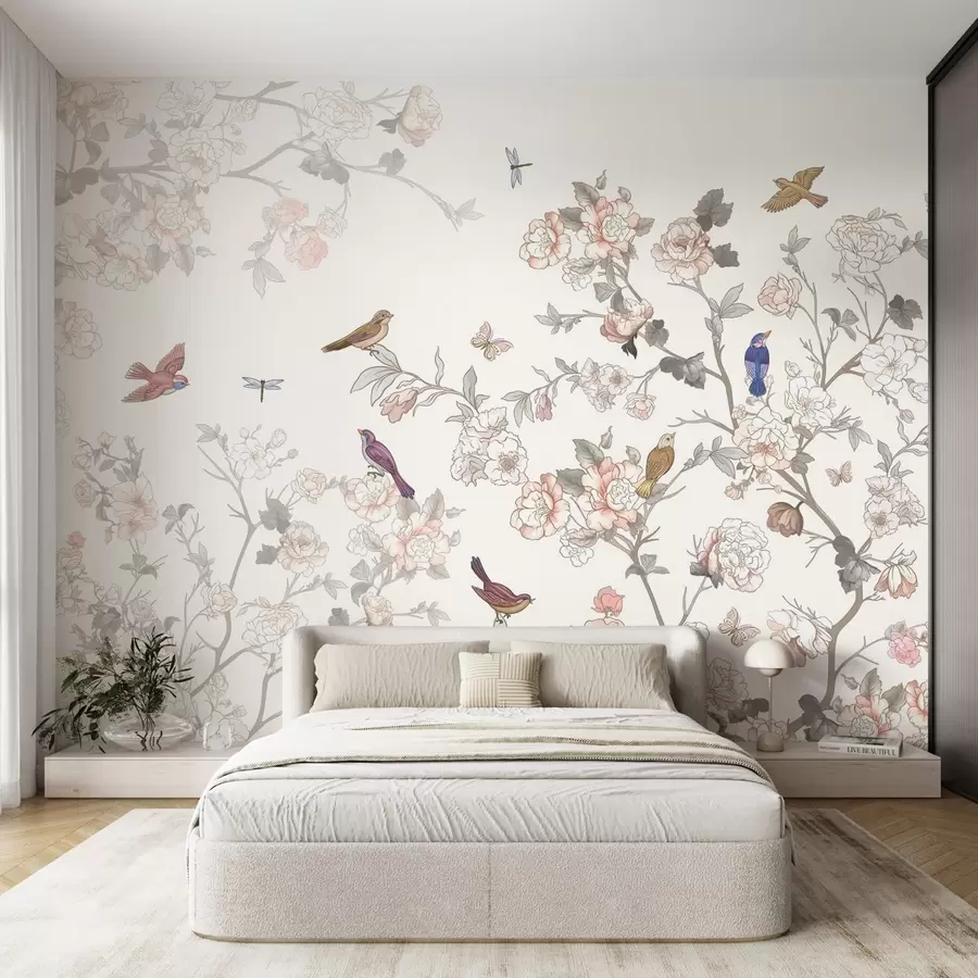 murales de pared Pájaros cerca de ramas con flores w04939